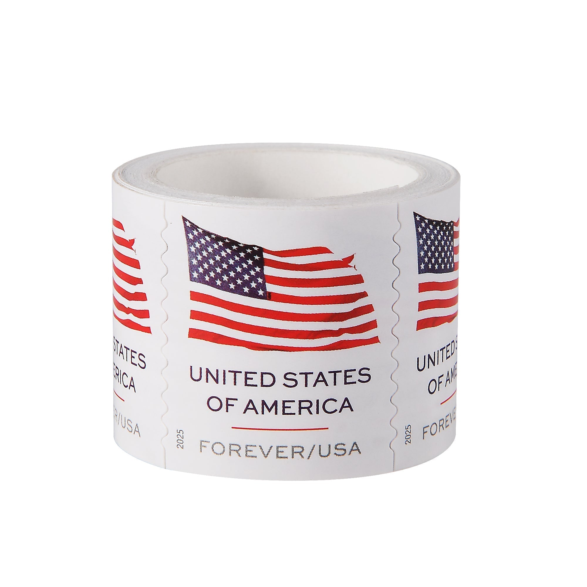 Roll of United States postage stamps featuring the American flag with red, white and blue stripes and stars, labeled "UNITED STATES OF AMERICA" and "FOREVER/USA" with perforated edges between individual stamps.